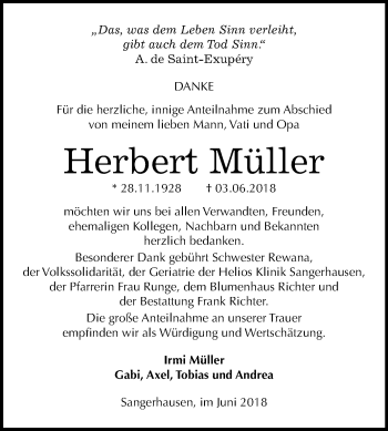Traueranzeige von Herbert Müller von Mitteldeutsche Zeitung Sangerhausen