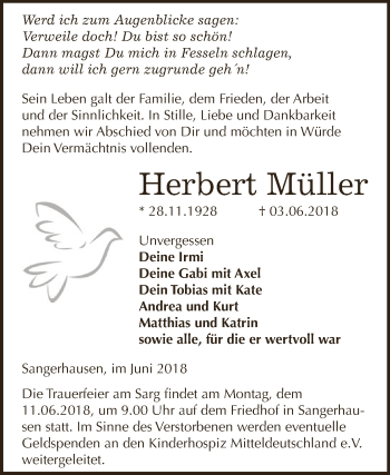 Traueranzeige von Herbert Müller von Super Sonntag SGH Mansf. Land