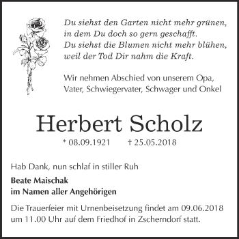 Traueranzeige von Herbert Scholz von WVG - Wochenspiegel Bitterfeld