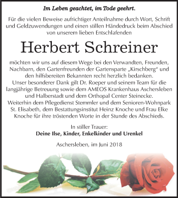 Traueranzeige von Herbert Schreiner von Mitteldeutsche Zeitung Aschersleben