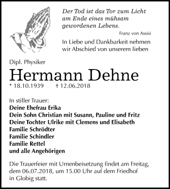 Traueranzeige von Hermann Dehne von Mitteldeutsche Zeitung