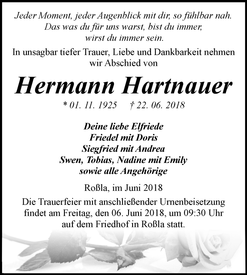  Traueranzeige für Hermann Hartnauer vom 30.06.2018 aus Mitteldeutsche Zeitung Sangerhausen
