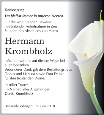 Traueranzeige von Hermann Krombholz von Mitteldeutsche Zeitung Bernburg