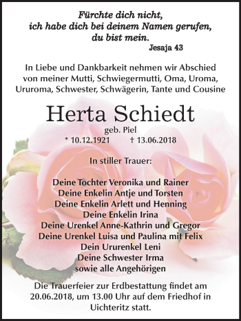 Traueranzeige von Herta Schiedt von Mitteldeutsche Zeitung Weißenfels