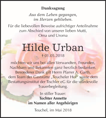 Traueranzeige von Hilde Urban von Super Sonntag Wittenberg