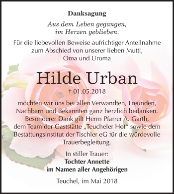 Traueranzeige von Hilde Urban von Mitteldeutsche Zeitung