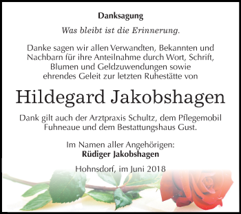 Traueranzeige von Hildegard Jakobshagen von Mitteldeutsche Zeitung