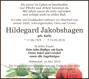 Traueranzeige von Hildegard Jakobshagen von WVG - Wochenspiegel Dessau / Köthen