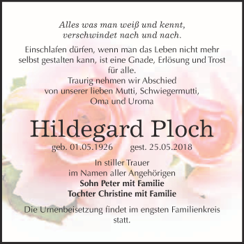 Traueranzeige von Hildegard Ploch von WVG - Wochenspiegel Wittenberg
