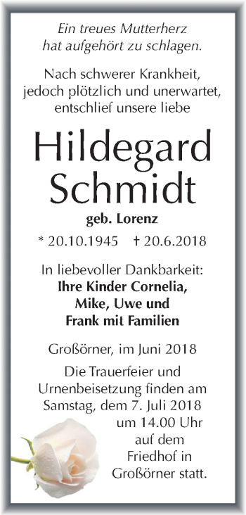 Traueranzeige von Hildegard Schmidt von Mitteldeutsche Zeitung