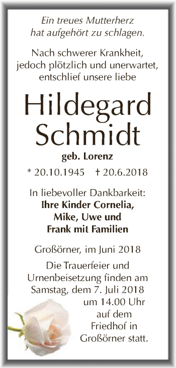 Traueranzeige von Hildegard Schmidt von Super Sonntag SGH Mansf. Land