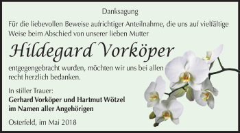 Traueranzeige von Hildegard Vorköper von Mitteldeutsche Zeitung Zeitz