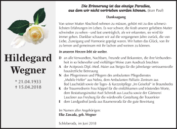 Traueranzeige von Hildegard Wegner von Mitteldeutsche Zeitung