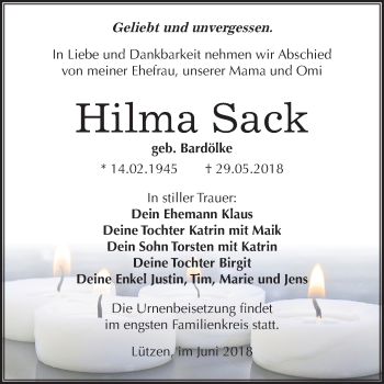 Traueranzeige von Hilma Sack von Mitteldeutsche Zeitung Weißenfels