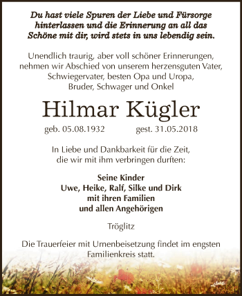 Traueranzeige von Hilmar Kügler von WVG - Wochenspiegel NMB / WSF / ZTZ