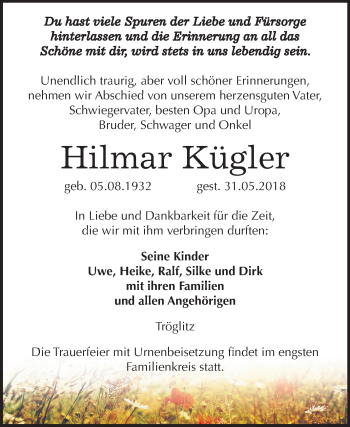 Traueranzeige von Hilmar Kügler von Mitteldeutsche Zeitung Zeitz