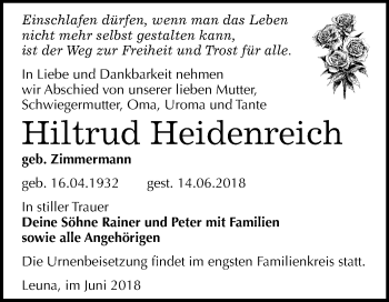 Traueranzeige von Hiltrud Heidenreich von Mitteldeutsche Zeitung