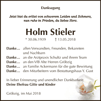 Traueranzeige von Holm Stieler von WVG - Wochenspiegel Dessau / Köthen