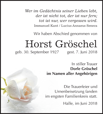Traueranzeige von Horst Gröschel von Mitteldeutsche Zeitung Halle/Saalkreis