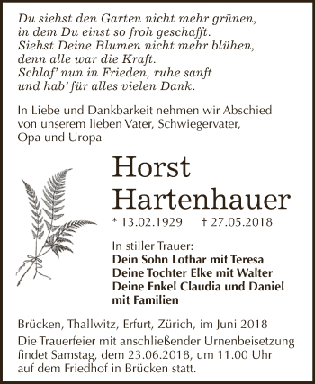 Traueranzeige von Horst Hartenhauer von Super Sonntag SGH Mansf. Land