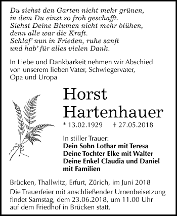 Traueranzeige von Horst Hartenhauer von Mitteldeutsche Zeitung