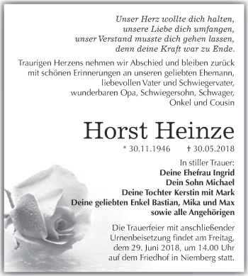 Traueranzeige von Horst Heinze von WVG - Wochenspiegel Bitterfeld