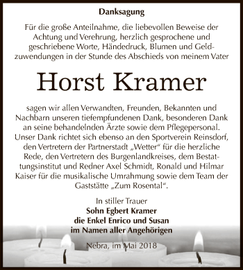 Traueranzeige von Horst Kramer von WVG - Wochenspiegel NMB / WSF / ZTZ