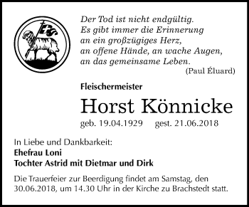Traueranzeige von Horst Könnicke von Mitteldeutsche Zeitung Halle/Saalkreis