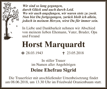 Traueranzeige von Horst Marquardt von WVG - Wochenspiegel Dessau / Köthen