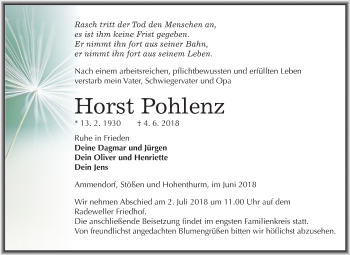 Traueranzeige von Horst Pohlenz von Mitteldeutsche Zeitung Halle/Saalkreis