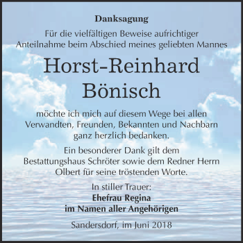 Traueranzeige von Horst-Reinhard Bönisch von WVG - Wochenspiegel Bitterfeld