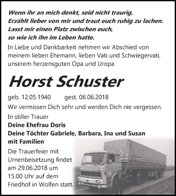 Traueranzeige von Horst Schuster von Mitteldeutsche Zeitung Bitterfeld