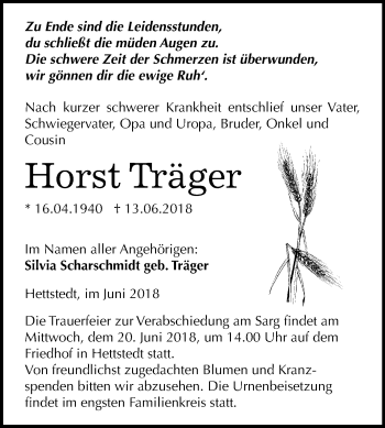 Traueranzeige von Horst Träger von Mitteldeutsche Zeitung