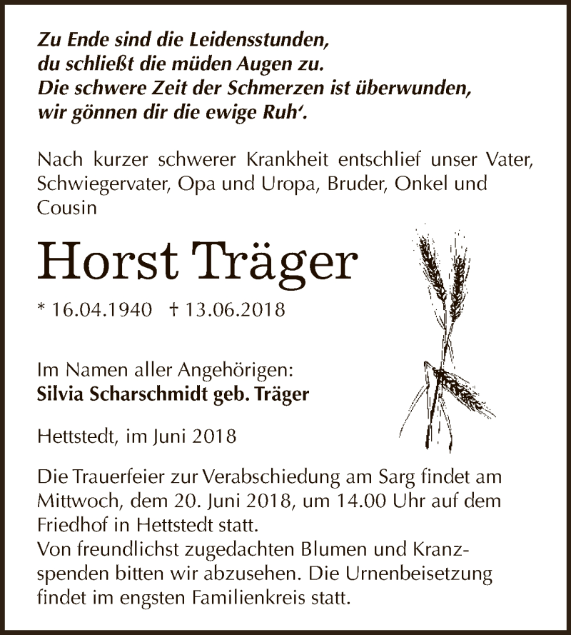  Traueranzeige für Horst Träger vom 16.06.2018 aus Super Sonntag SGH Mansf. Land