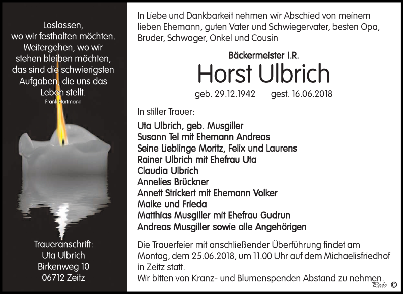  Traueranzeige für Horst Ulbrich vom 21.06.2018 aus Mitteldeutsche Zeitung Zeitz