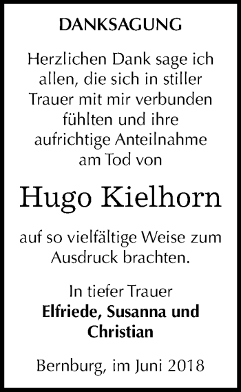 Traueranzeige von Hugo Kielhorn von Mitteldeutsche Zeitung Bernburg