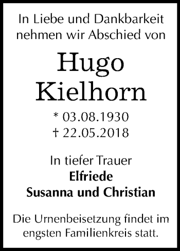 Traueranzeige von Hugo Kielhorn von Mitteldeutsche Zeitung Bernburg