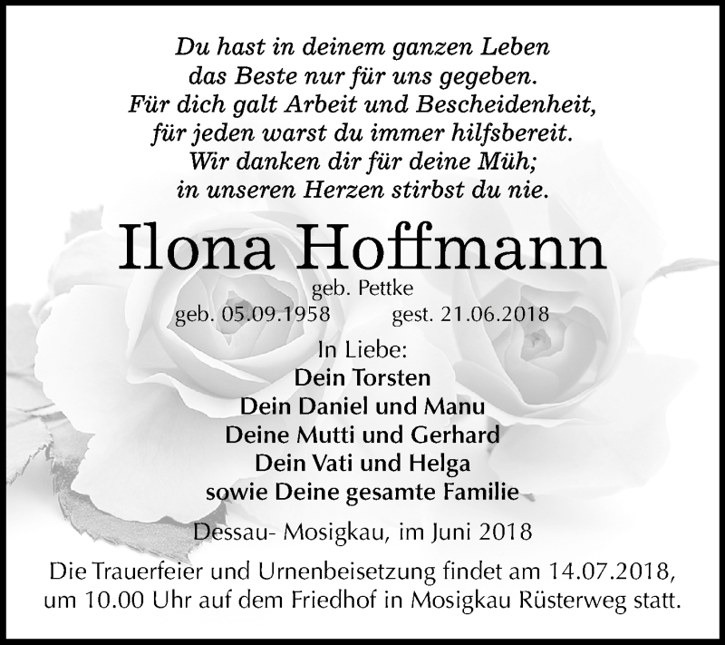  Traueranzeige für Ilona Hoffmann vom 30.06.2018 aus Mitteldeutsche Zeitung Dessau-Roßlau