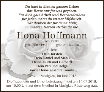 Traueranzeige von Ilona Hoffmann von WVG - Wochenspiegel Dessau / Köthen
