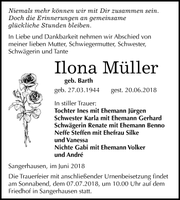 Traueranzeige von Ilona Müller von Mitteldeutsche Zeitung