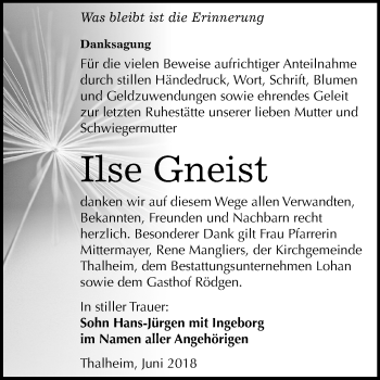 Traueranzeige von Ilse Gneist von Mitteldeutsche Zeitung Bitterfeld