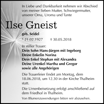 Traueranzeige von Ilse Gneist von Mitteldeutsche Zeitung Bitterfeld