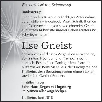 Traueranzeige von Ilse Gneist von WVG - Wochenspiegel Bitterfeld