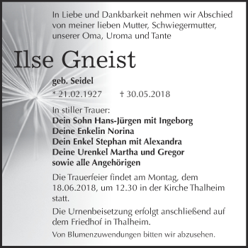 Traueranzeige von Ilse Gneist von WVG - Wochenspiegel Bitterfeld