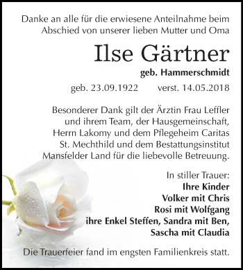 Traueranzeige von Ilse Gärtner von Mitteldeutsche Zeitung