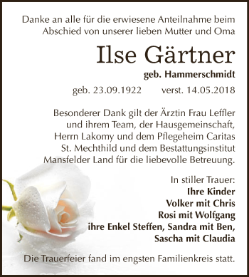 Traueranzeige von Ilse Gärtner von Super Sonntag SGH Mansf. Land