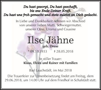 Traueranzeige von Ilse Jähne von WVG - Wochenspiegel Merseburg