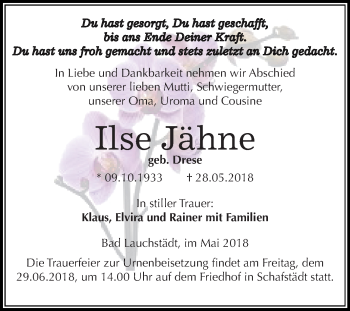 Traueranzeige von Ilse Jähne von Mitteldeutsche Zeitung Merseburg/Querfurt