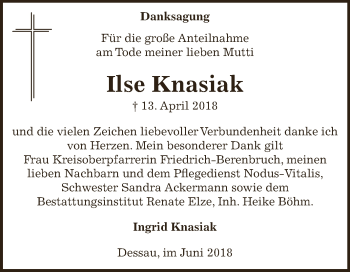 Traueranzeige von Ilse Knasiak von WVG - Wochenspiegel Dessau / Köthen