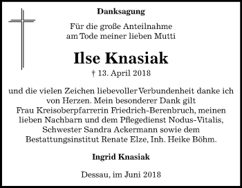 Traueranzeige von Ilse Knasiak von Mitteldeutsche Zeitung Dessau-Roßlau